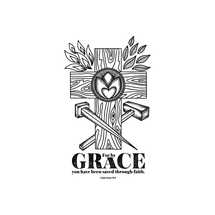 A hand-drawn Bible doodle illustration. Grace is a symbol of God's love and salvation. Christian cross, nail and hammer.