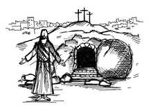 Empty tomb of Jesus Christ. Crucifixion on Calvary. City of Jerusalem. Easter sketch.