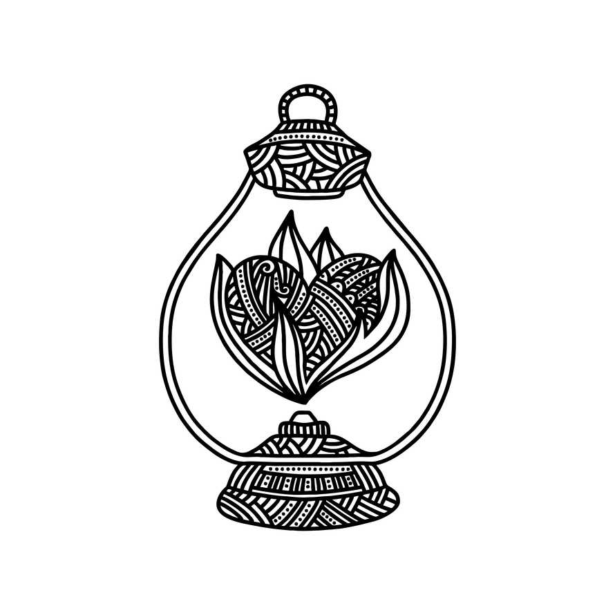 Doodle style illustration. An old, vintage oil lamp, burning heart, design element
