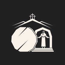 Resurrected Jesus Christ. An empty tomb and a rolled stone. Three crosses on Golgotha. Easter vector illustration.