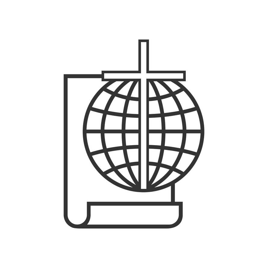 Christian illustration. Church logo. Scroll of Scripture, cross and globe.