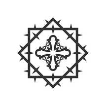 Stylized cross inside a crown of thorns.