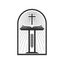 Christian illustration. Church logo. Bible pulpit and cross of Jesus Christ.