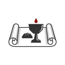 Christian illustration. Church logo. Scroll of Holy Scripture and attributes of Holy Communion.