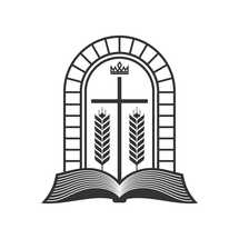 Christian illustration. Church logo. Open bible, ripe ears of corn and the cross of Jesus.