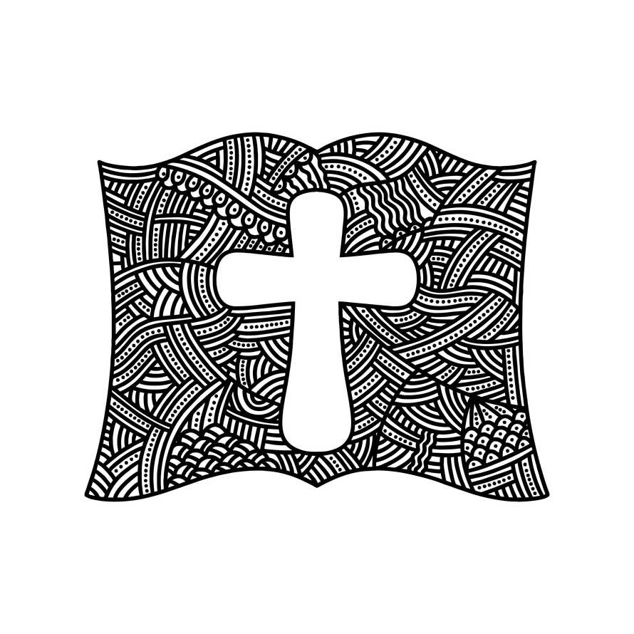 Christian doodle illustration. The Cross of Jesus Christ inside the Bible.