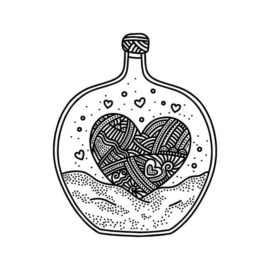 Doodle style illustration. A heart inside the bottle, a design element.