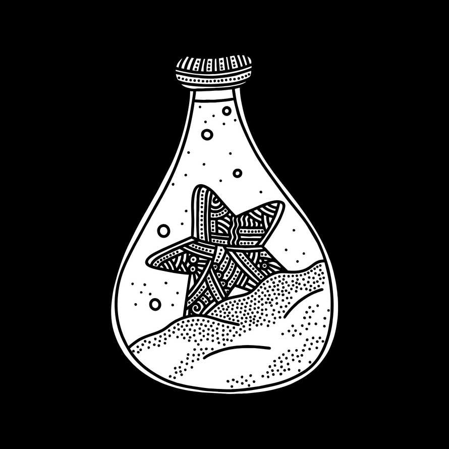 Doodle style illustration. A starfish inside the bottle, hand-drawn