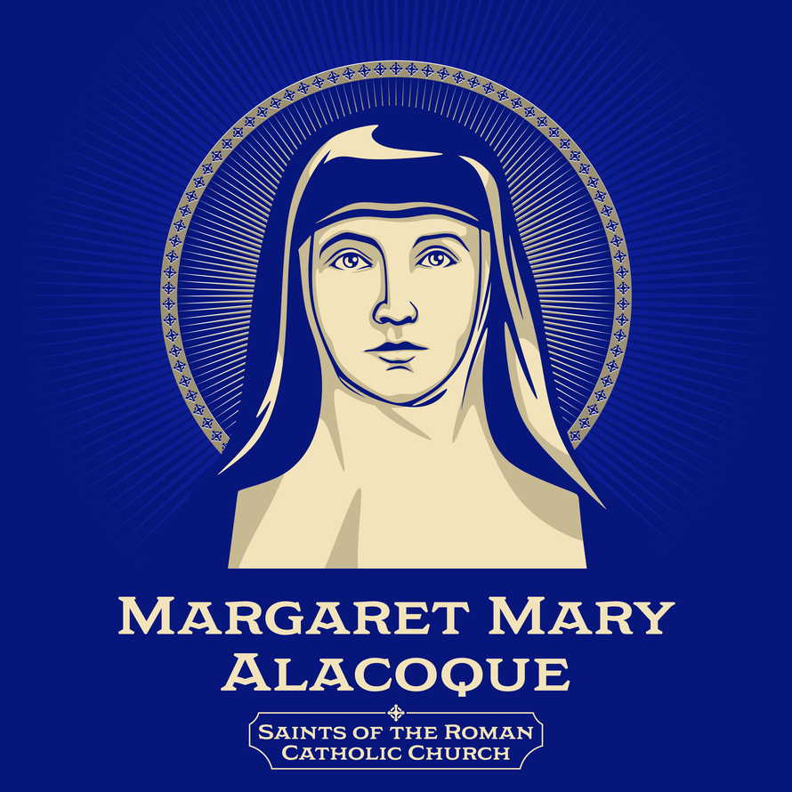 Catholic Saints. Margaret Mary Alacoque (1647-1690) was a French Catholic Visitation nun and mystic who promoted devotion to the Sacred Heart of Jesus in its modern form.
