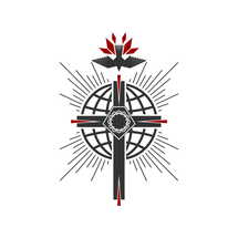Christian illustration. Church logo. The cross of Jesus Christ on the background of a globe, on top of a dove in a flame of fire - a symbol of the Spirit of God.