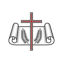 Christian illustration. Church logo. Scroll of Holy Scripture and the cross of Jesus Christ.