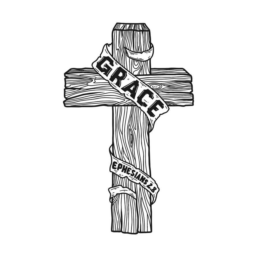 Hand-drawn Christian vector illustration. A wooden cross with the inscription "Grace".