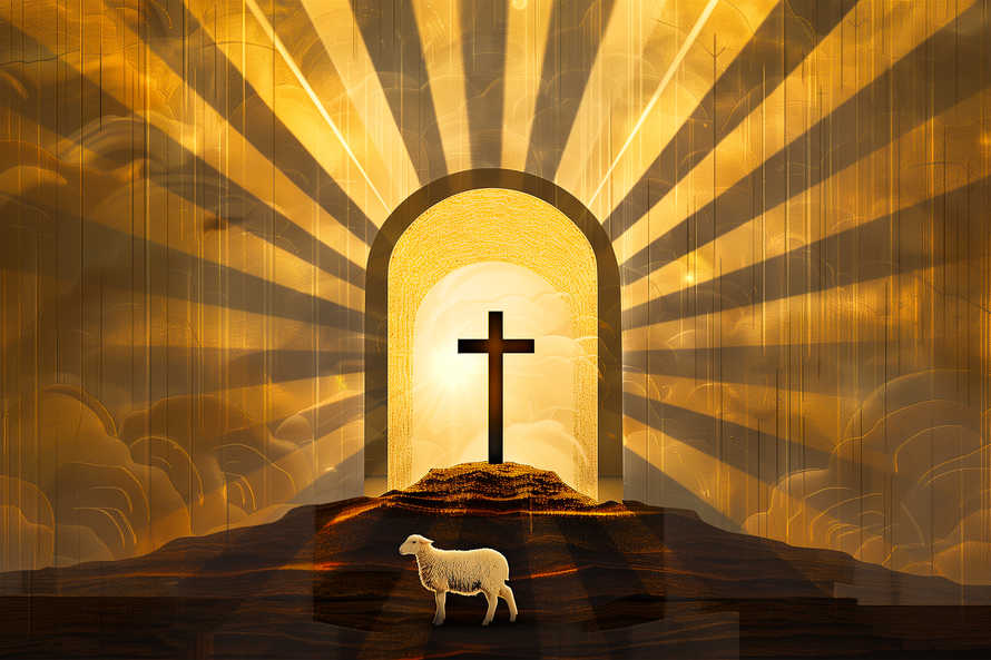 The Lamb of God standing before the sunrise lit cross