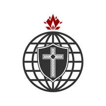 Christian illustration. Church logo. The cross of Jesus on the shield. The globe is a symbol of the world, the flame is a symbol of the Spirit.