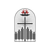 Christian illustration. Church logo. The cross of Christ, ripe ears of wheat and a dove - a symbol of the Holy Spirit.