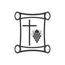 Christian illustration. Church logo. Scroll, cross of Jesus and vine.