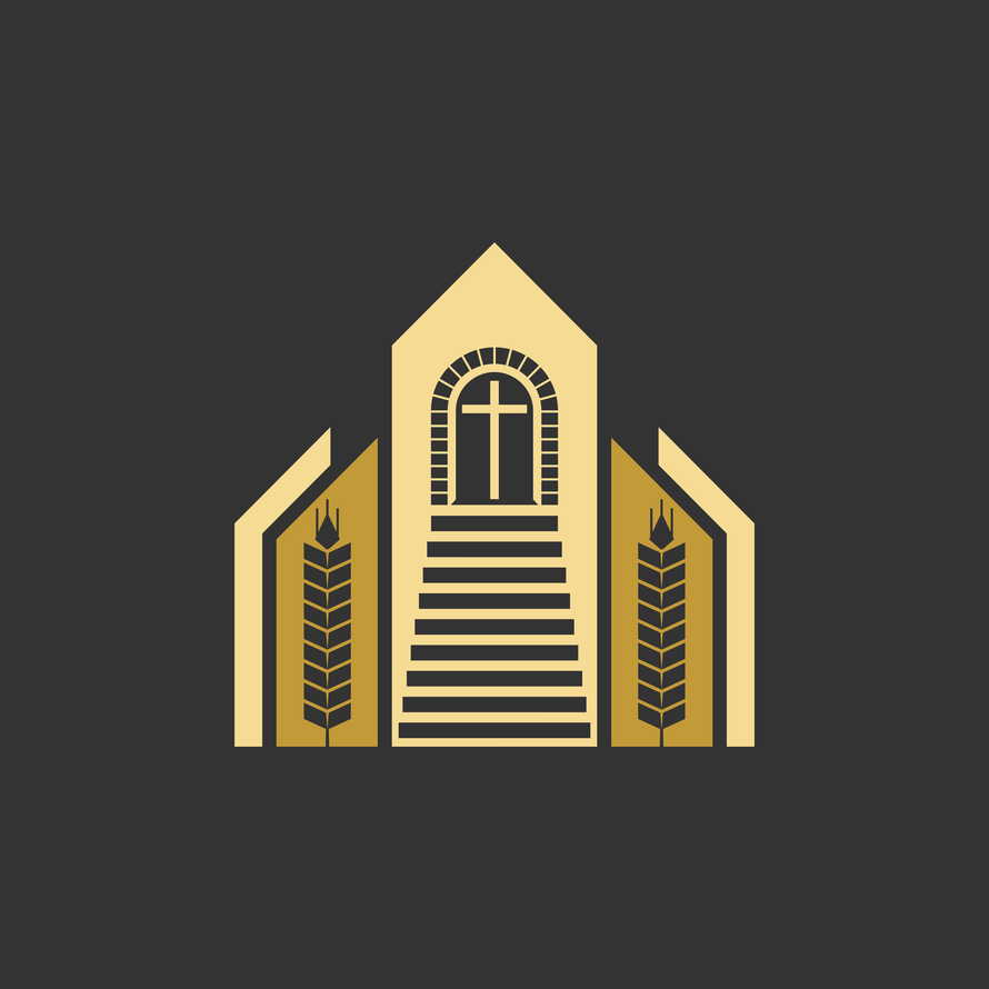 Christian illustration. The building of the church and ripe ears of wheat, steps of salvation leading to the cross.