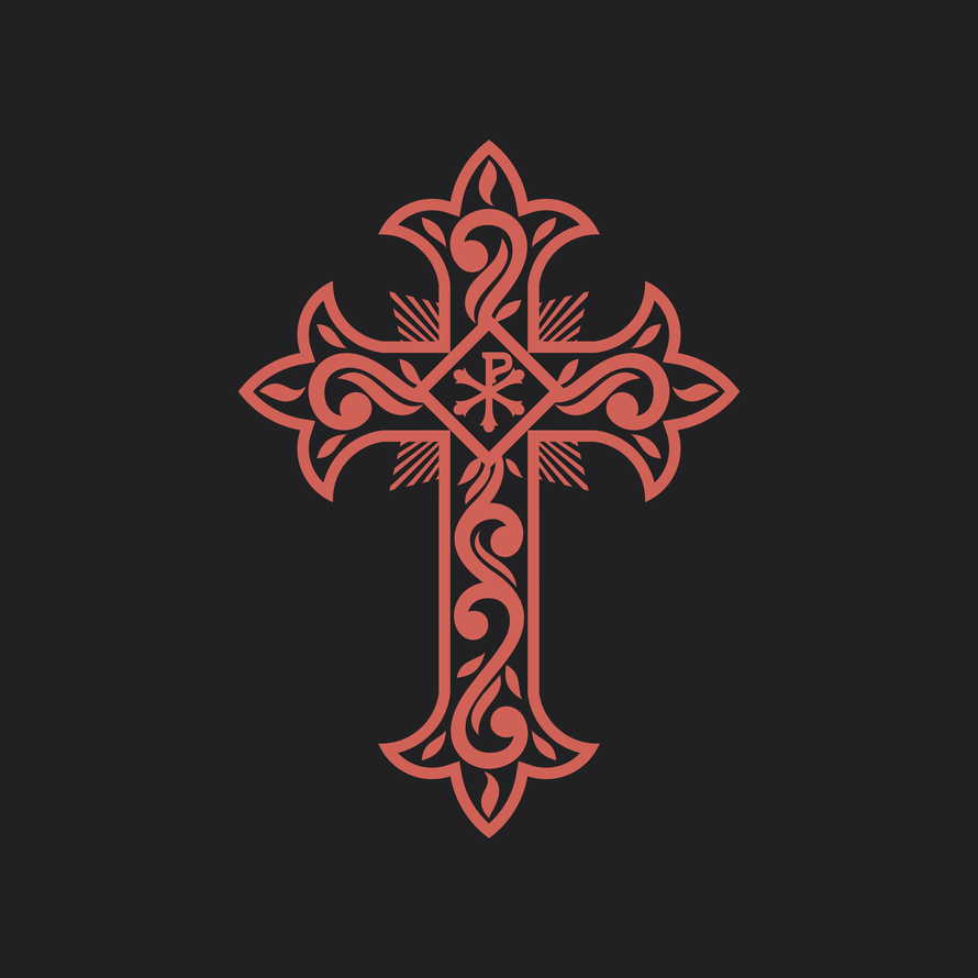 Figurative cross of Jesus Christ with patterns and symbols.