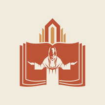 Christian illustration. Silhouette of Jesus Christ on the background of the Christian church.
