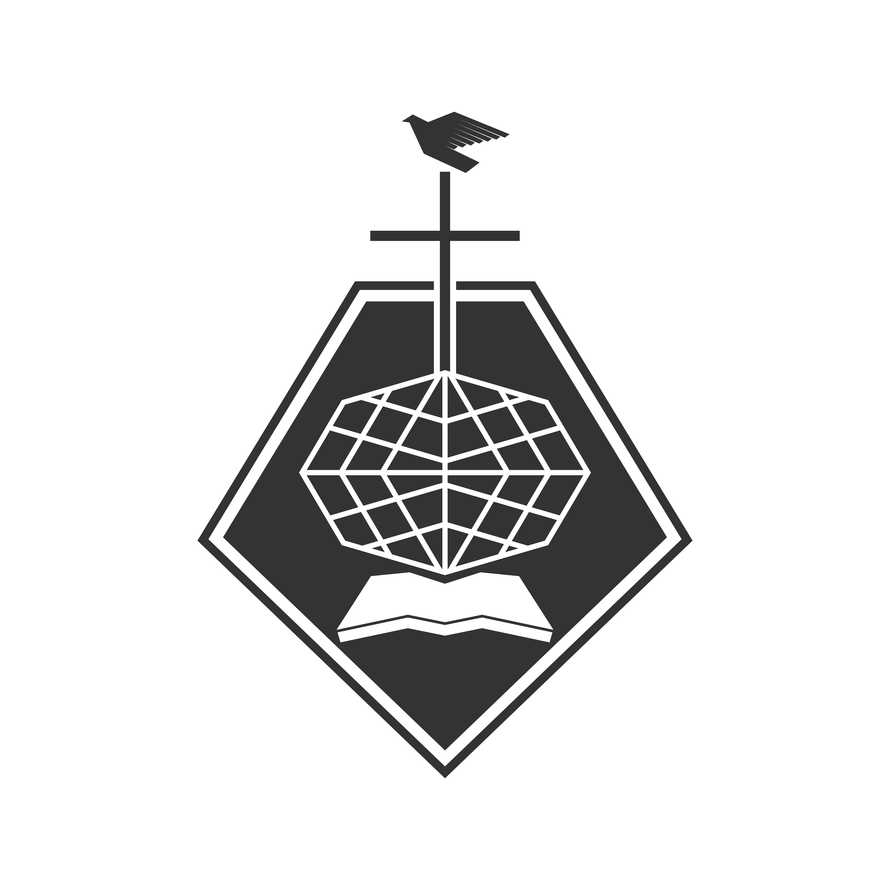 Christian illustration. Church logo. The cross of Jesus against the backdrop of a globe and an open bible, on top of a dove - a symbol of the Spirit.