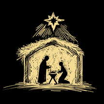 Nativity scene. Hand-drawn Mary and Joseph in a stable with the baby Jesus. The star of Bethlehem shines from above.