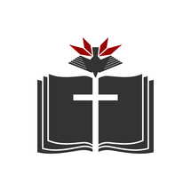 Christian illustration. Church logo. The cross of Jesus against the background of an open bible, on top is a dove - a symbol of the Spirit.
