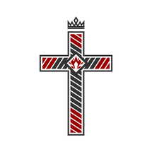 Christian illustration. Church logo. Crucifixion cross and fire inside