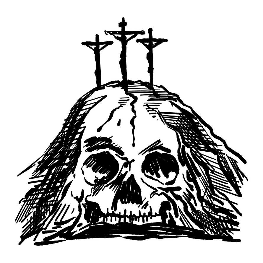 Hand-drawn vector illustration for Easter. Mount Calvary near Jerusalem, in the shape of a skull, three crosses on top.