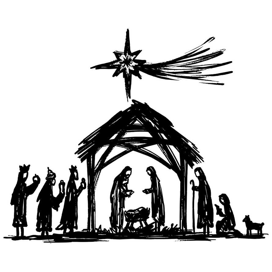 Hand drawn nativity scene. Wise men and shepherds come to worship the born Savior of the world.