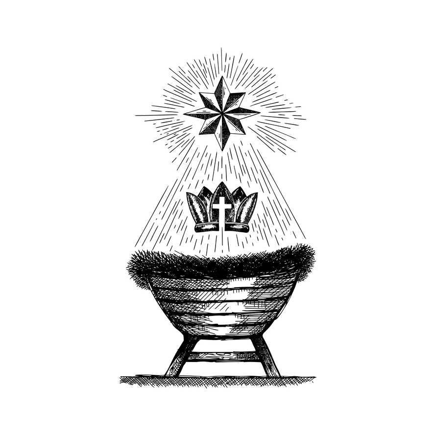 The Nativity Scene. A hand-drawn manger for the baby Jesus. Star of Bethlehem and crown of the king of heaven.