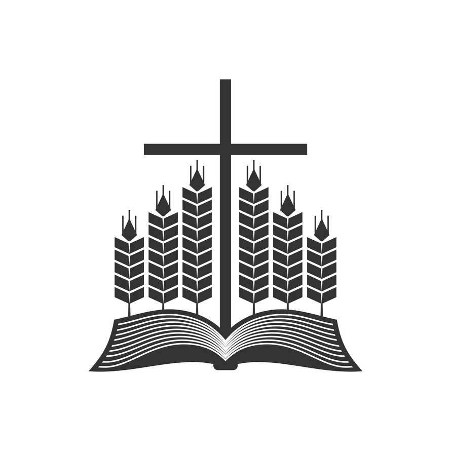 Christian illustration. Church logo. Open bible, ripe ears of corn and the cross of Jesus.