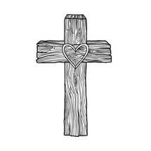 Hand-drawn vector illustration for Easter. A wooden cross with a heart in the center. A symbol of the crucifixion and resurrection of the Lord Jesus Christ.