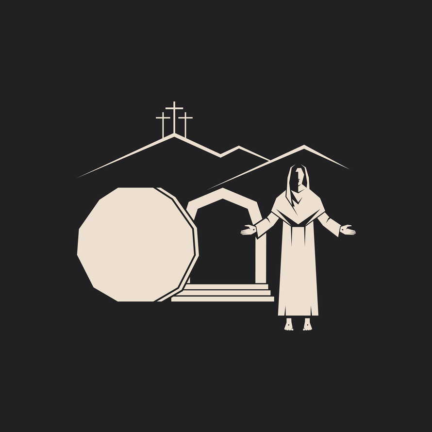 Resurrected Jesus Christ. An empty tomb and a rolled stone. Three crosses on Golgotha. Easter vector illustration.