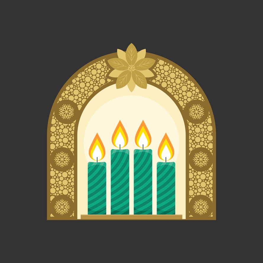 Christmas vector illustration. Four Advent candles lit in anticipation of the birth of Jesus Christ.