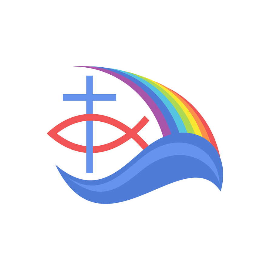 Biblical illustration. Cross of Jesus, fish and rainbow.