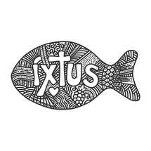 Christian illustration in a doodle style. Stylized word IXTUS - Jesus Christ, God's Son, Savior. The fish is an ancient Christian symbol.