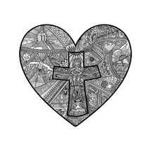 Christian doodle illustration. A heart with a cross inside, a description of the way of the Savior Jesus Christ.