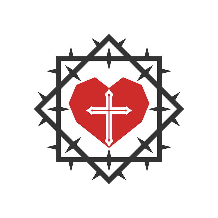 Heart and cross of Jesus inside a crown of thorns.