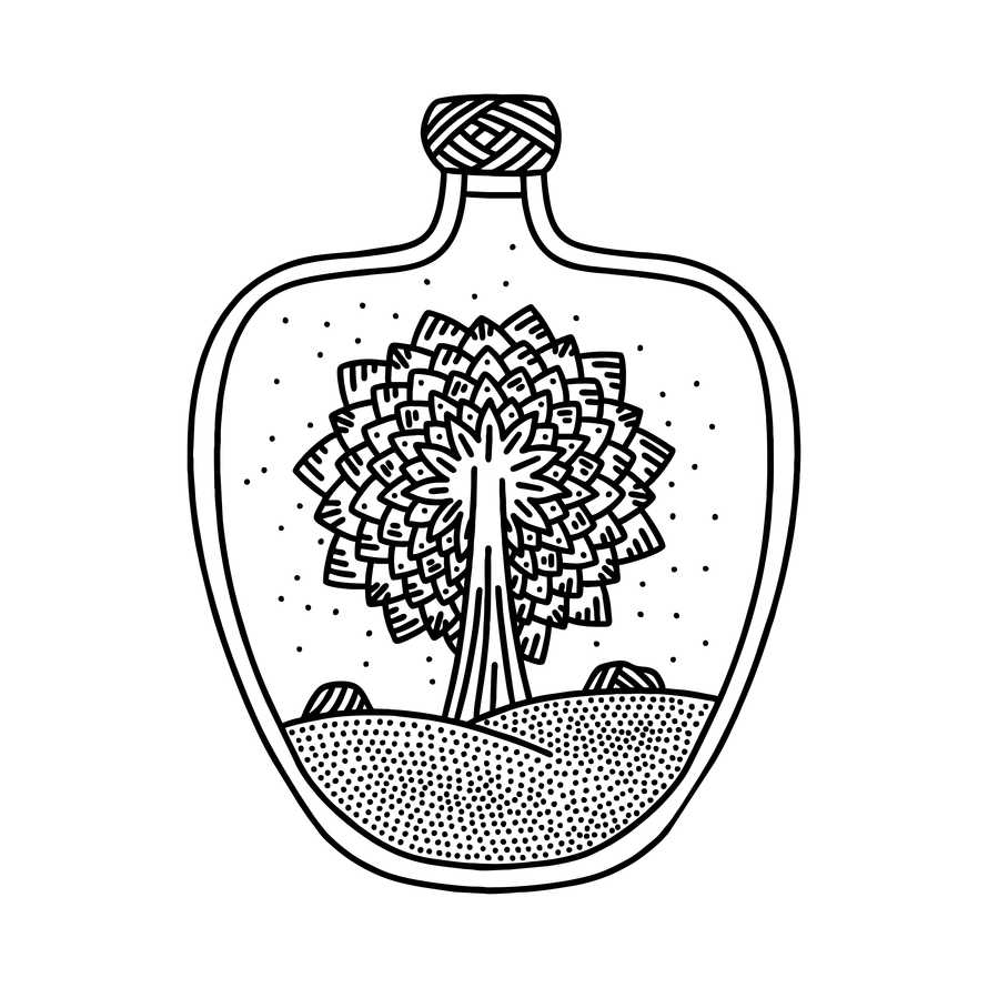 Doodle style illustration. The tree inside the bottle, hand-drawn