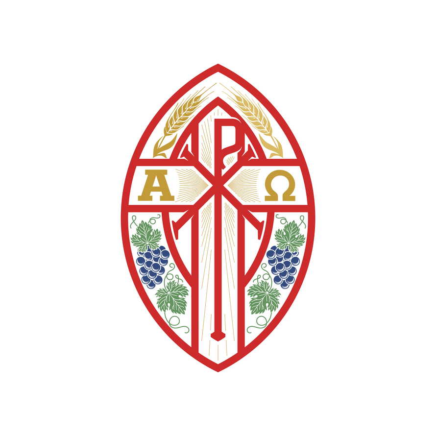 Christian illustration. Monogram of Jesus Christ - Chrismon. Wheat ears and a bunch of grapes are symbols of Christ and spiritual life. Alpha and omega symbols of eternity.