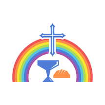 Biblical illustration. Jesus cross, symbols of the sacrament and rainbow of the covenant.