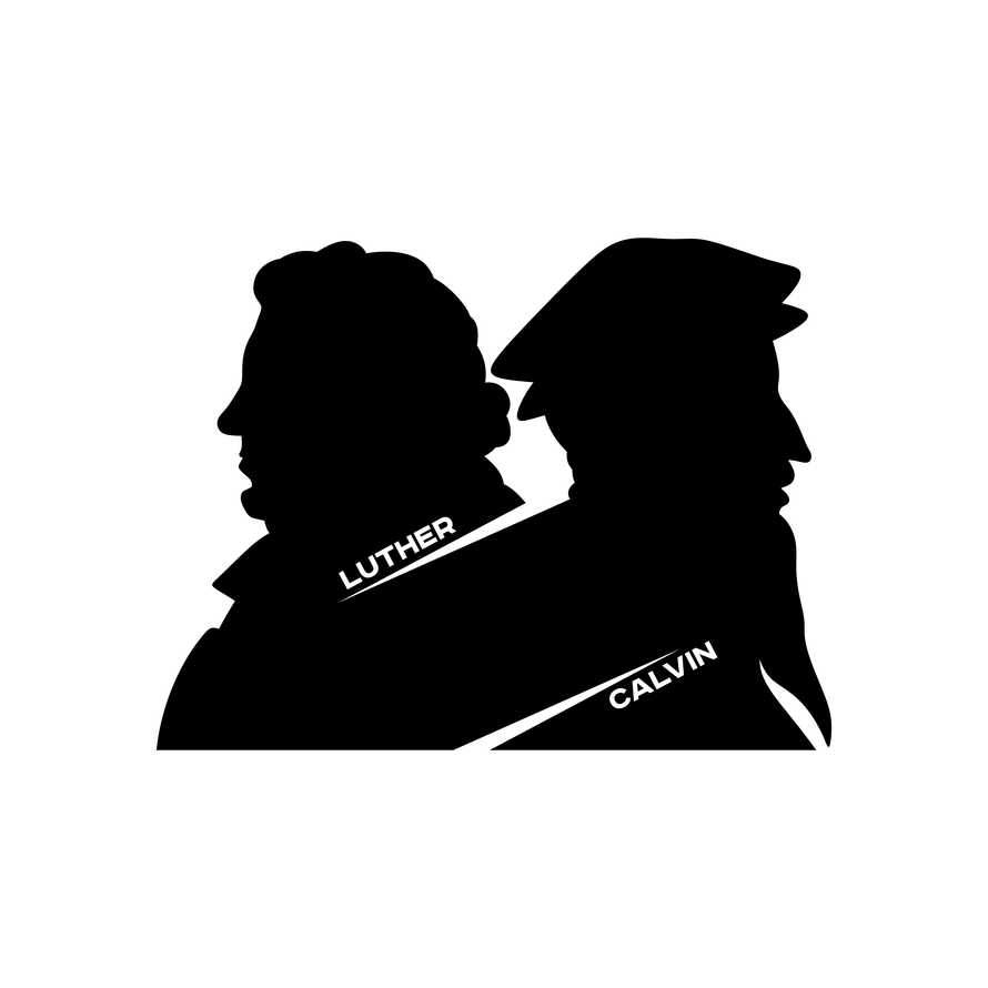 Christian Illustration. Silhouettes of the great Christian reformers. Martin Luther and John Calvin.