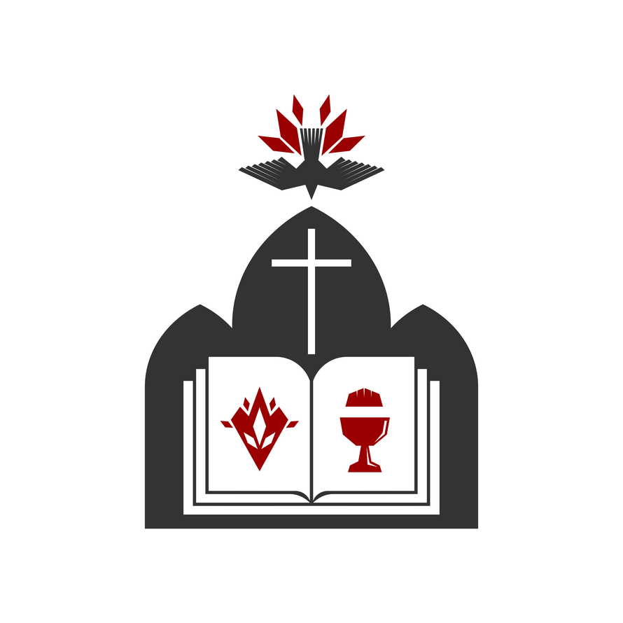Christian illustration. Church logo. Open bible, symbols of the Spirit and Holy Communion.