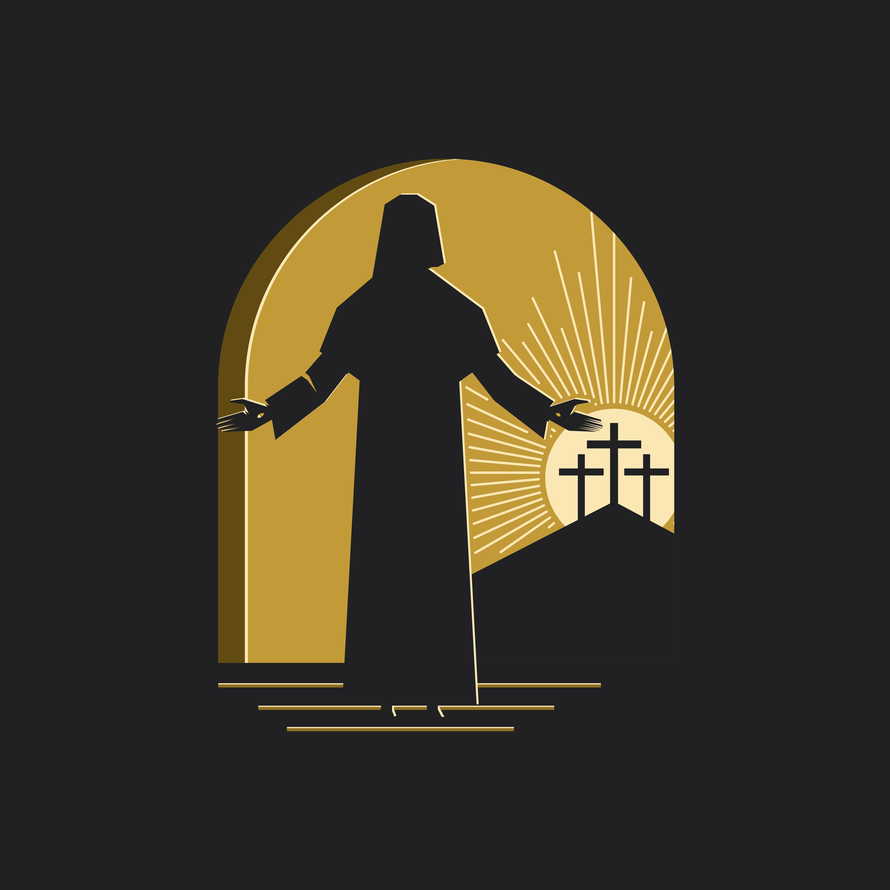 Easter vector illustration. Jesus Christ is resurrected and comes out of the tomb. Three crosses on Golgotha.