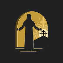 Easter vector illustration. Jesus Christ is resurrected and comes out of the tomb. Three crosses on Golgotha.