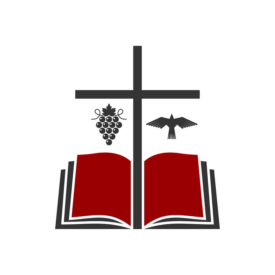 Christian illustration. Church logo. The cross of Jesus Christ, an open bible and a dove - a symbol of the Spirit.