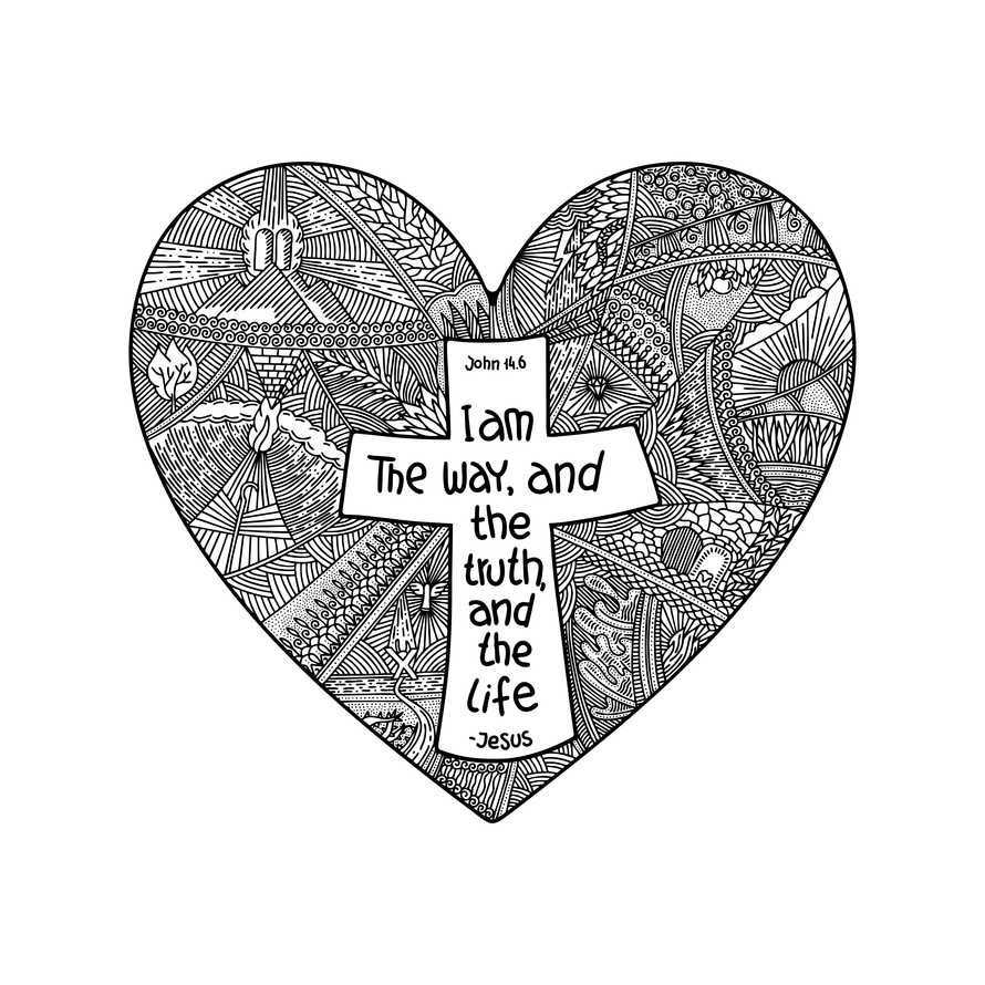 Christian doodle illustration. A heart with a cross inside. Jesus is the way and the truth and the life.