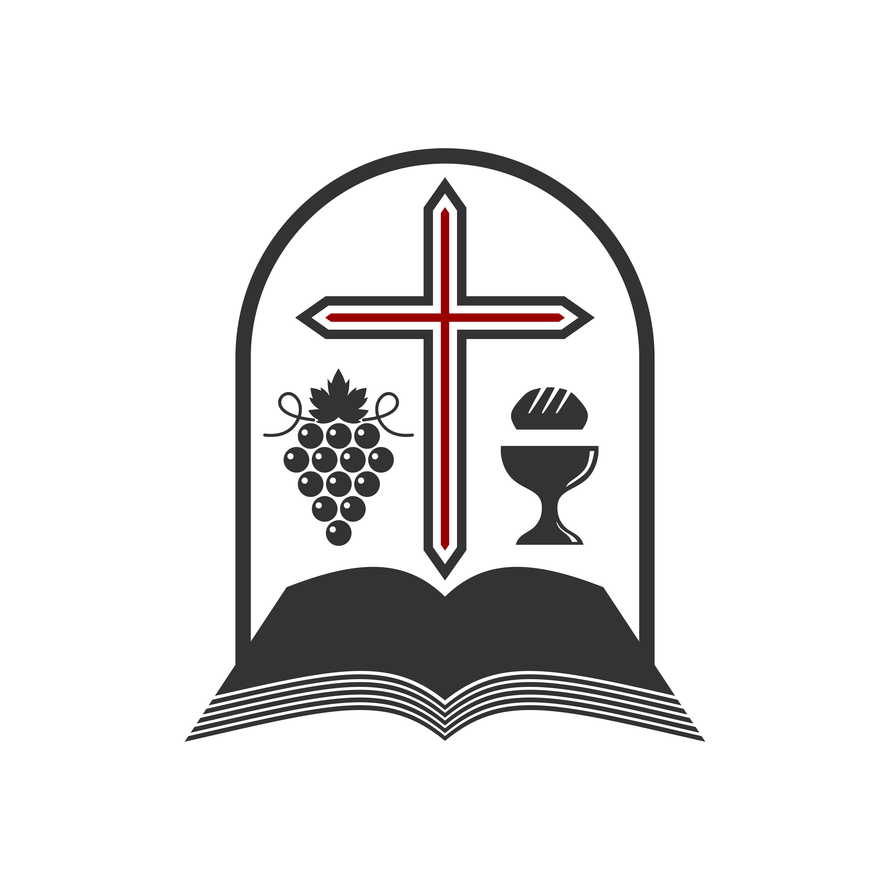 Christian illustration. Church logo. Cross, open bible, holy grail and vine.