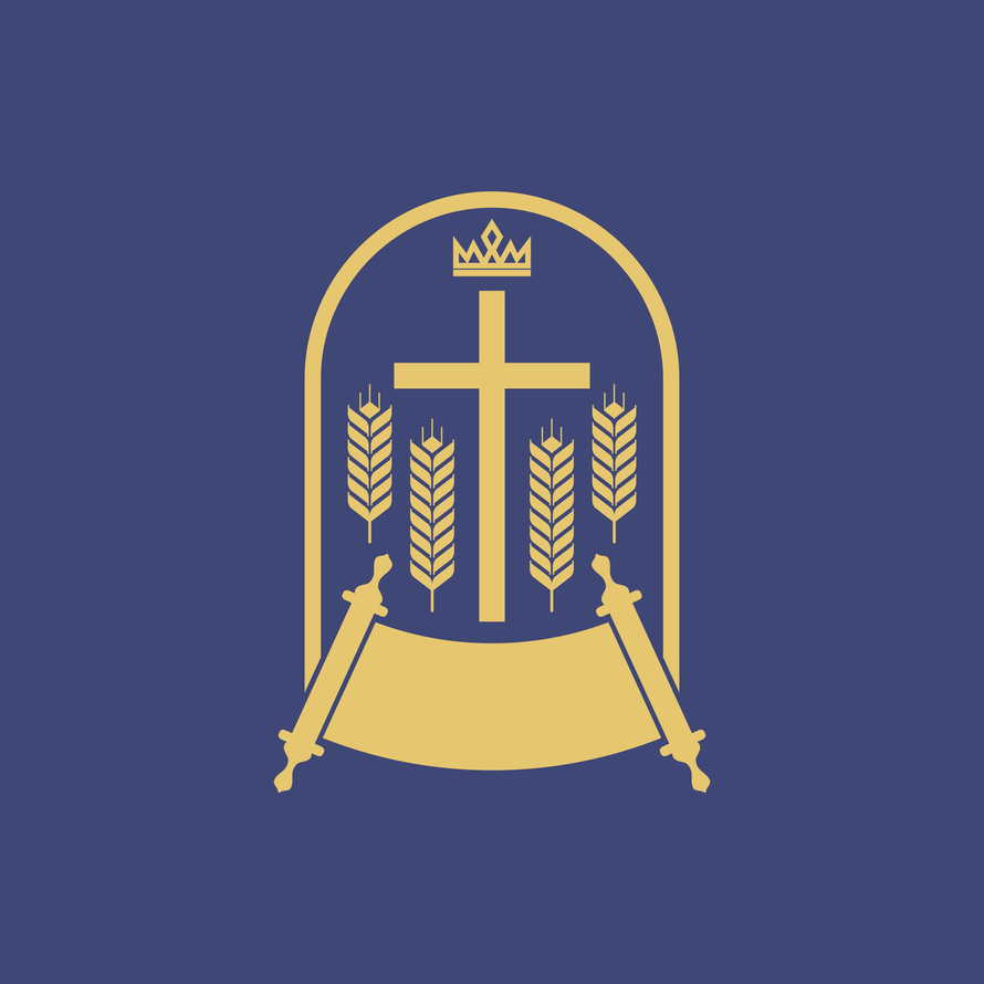 Christian illustration. Cross of Jesus Christ, crown, ears of wheat and an open scroll of Scripture.