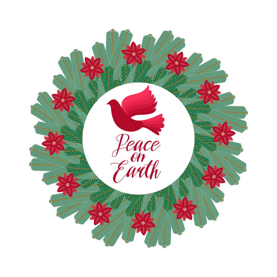Christmas vector illustration. A festive Advent wreath and the inscription "Peace on Earth".